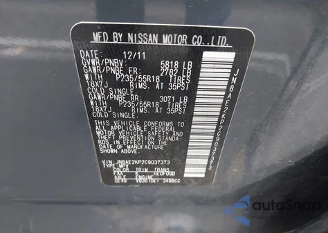 2012 Nissan Quest Sl from USA, damaged, VIN JN8AE2KP2C9037373